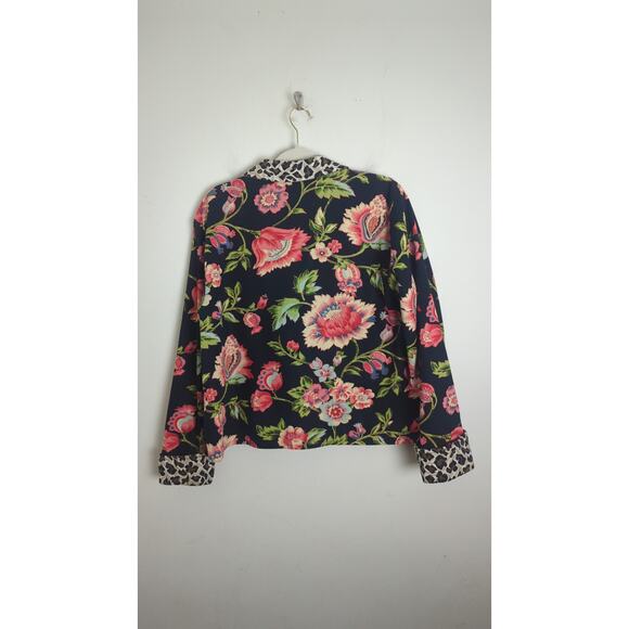 Boho Chic Button Down Cropped Blazer Cheetah & Bright Floral Print Women's L - Picture 7 of 8
